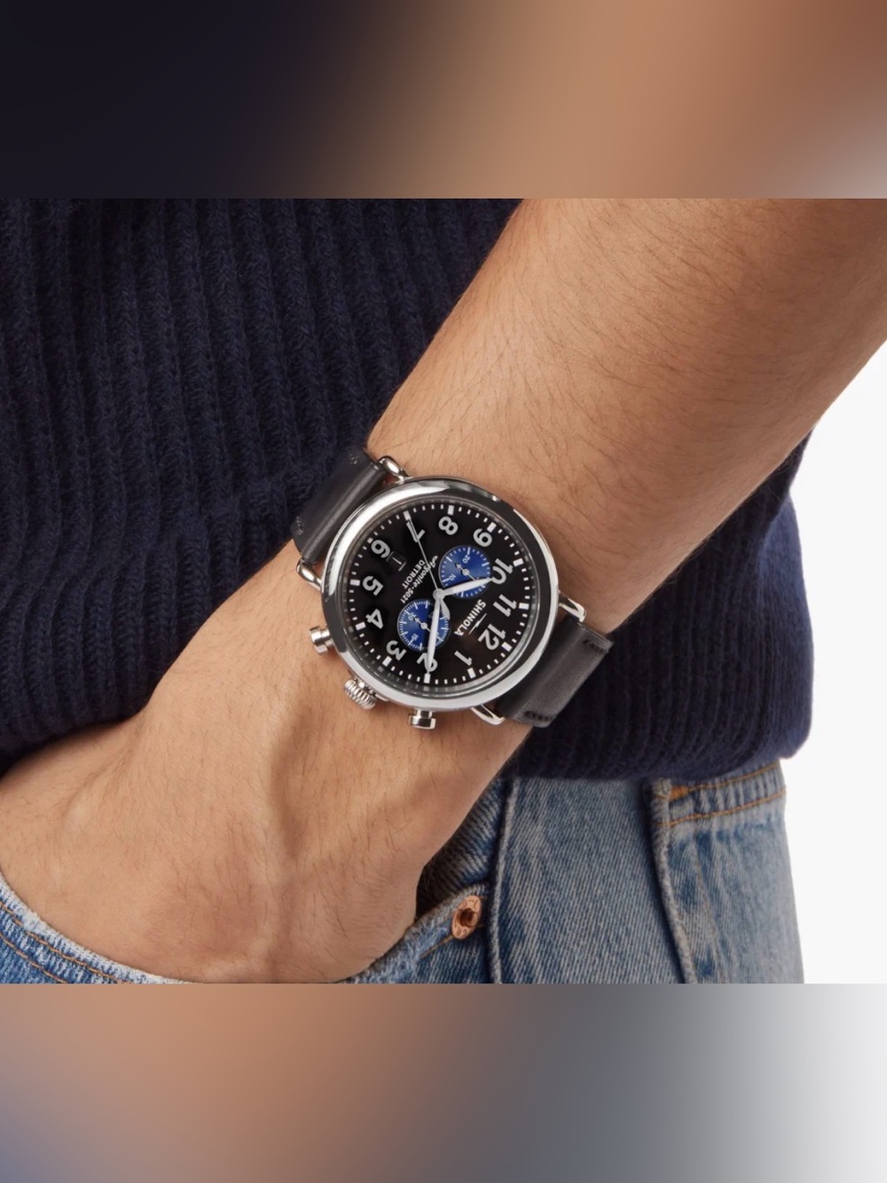 Shinola Runwell Men’s 47mm Black Dial Chronograph Watch with Blue Subdials